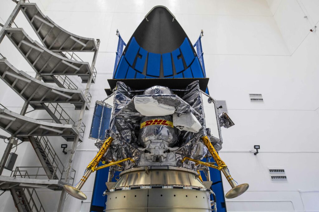 Astrobotic's Peregrine Lunar Lander being integrated on ULA's Falcon Rocket to be launched into orbit